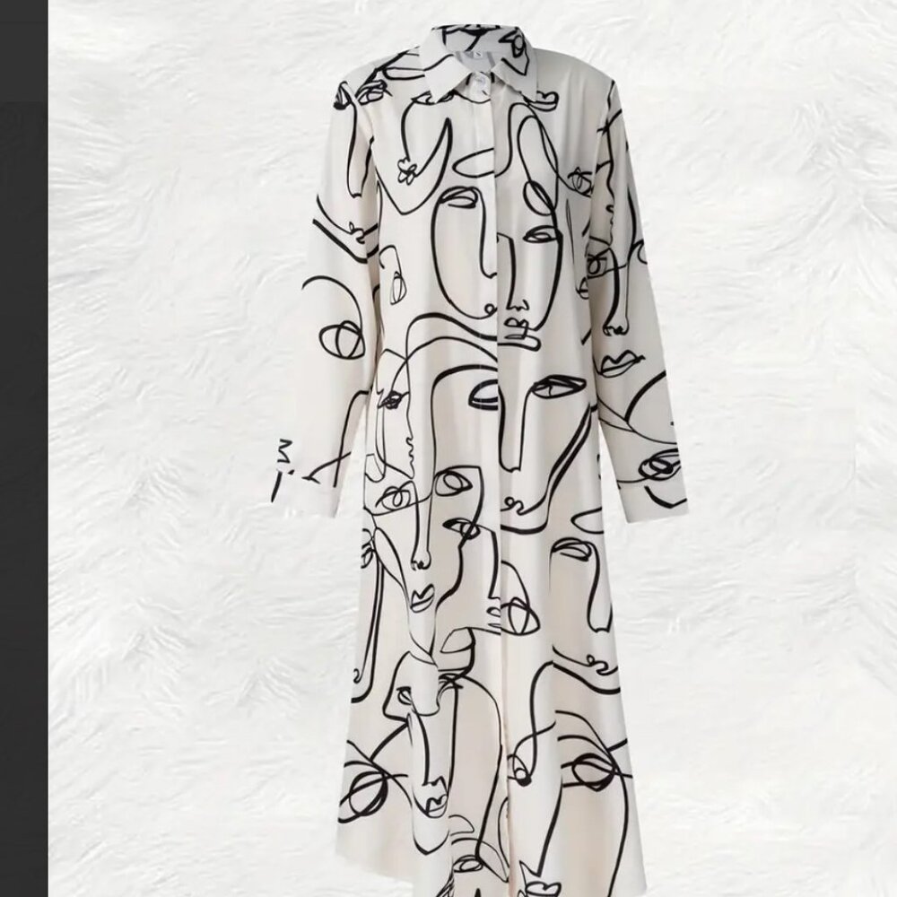 Abstract Face Print Button Up Shirt Dress,  Maxi Dress